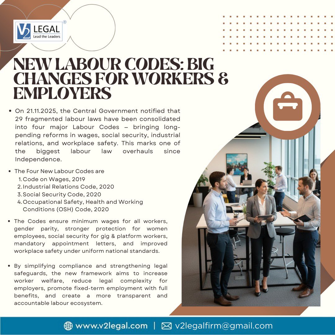 V2Legal's tweet photo. The Four New Labour Codes are now notified, simplifying 29 laws and bringing major reforms in wages, social security, workplace safety, and worker welfare.
— V2 Legal

#V2Legal #LabourCodes #LegalUpdate #IndiaLaw #WorkerWelfare #Compliance #LabourReforms https://t.co/4LsVI57Xrx