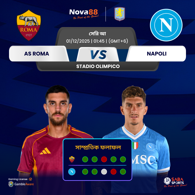 🔥রোমা vs নাপোলি — উচ্চাকাঙ্ক্ষা ও দক্ষতার দ্বন্দ্ব, উভয় দলই শীর্ষস্থান দখলের জন্য লড়ছে! ⚽💥

BE PART OF THE GAME WITH NOVA88
⚽ Official Asian Betting Partner of Aston Villa
🔗 cli.re/nova88blog
Nova88. All Rights Reserved. 18+ Be Gamble Aware.
#Nova88 #BePartOfTheGame