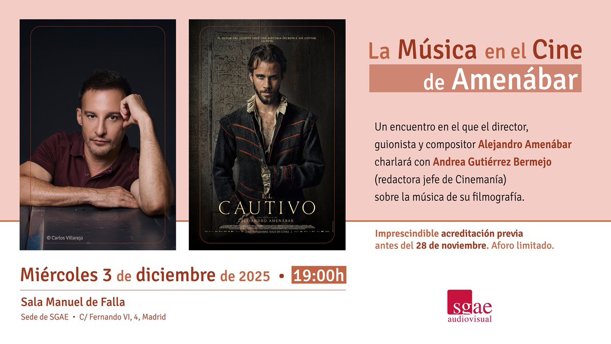 SgaeAudiovisual's tweet image. ✨ Alejandro Amenábar conversa en @sgaeactualidad sobre la música en su cine.

📅 3 dic
⏰19:00h
📍Madrid

🎟 Entrada libre con aforo limitado previa acreditación 

Más info e inscripciones 👉 sgae.es/agenda-cultura…