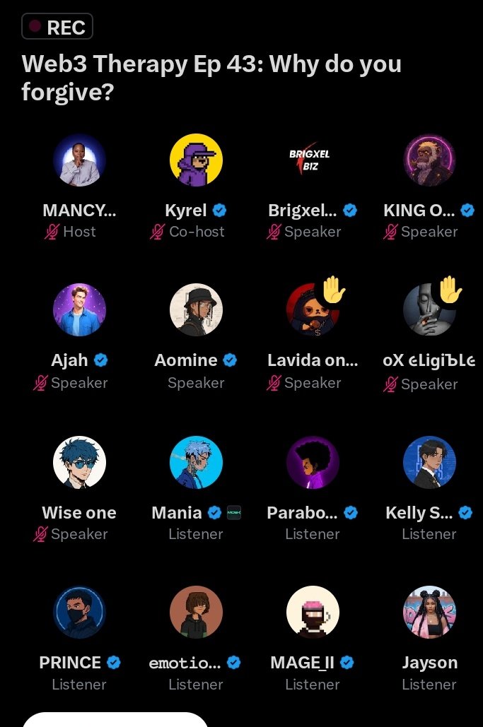 mancy_crypt's tweet image. yesterday&apos;s therapy space was centered on &quot;forgiveness&quot; and it was indeed an eye-opener.
I appreciate everyone that came up to speak (y&apos;all are amazing) and also to the listeners too.

Let&apos;s do this again next week🥰

BTW, let&apos;s all turn up for @UniqueKhaddy_0x space tomorrow🤗🤗