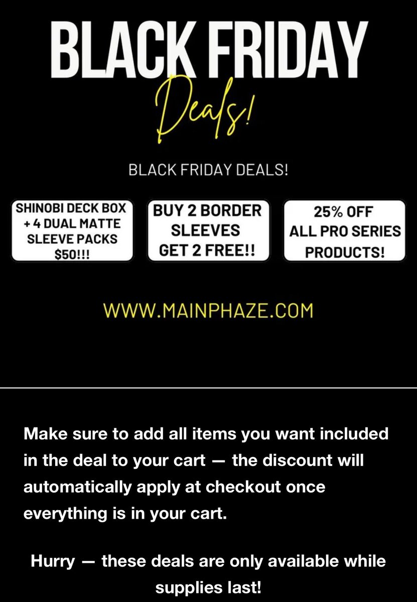 MainPhazeCCM's tweet photo. 🚨 BLACK FRIDAY IS LIVE 🚨

Main Phaze deals just dropped. Limited stock.
Load up your cart and snag your favorites before they’re gone. 🔥

Shop now ⬇️

https://t.co/atRRewwvyo

#BlackFriday #MainPhaze #TCG https://t.co/ugGZtMhq9Y