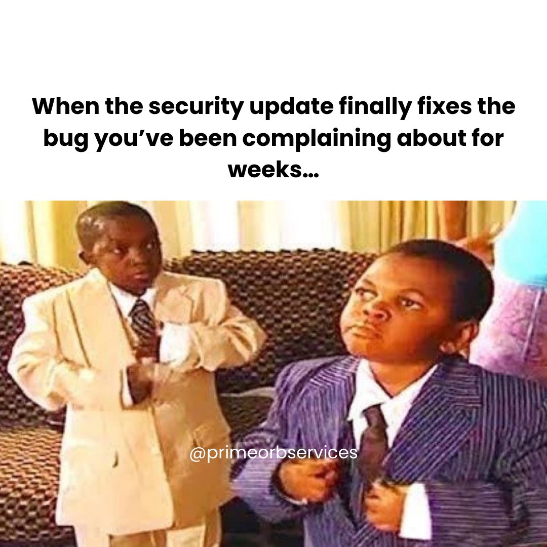 primeorbs's tweet photo. When the security update finally fixes the bug you’ve been fighting for weeks… relief.
If your site still has issues, we can help.
More here: https://t.co/d1G6Uec7mU
#TechHumor #BugFixes #PrimeorbServices #WebSupport #SecurityUpdates https://t.co/0Ls1EviGSb