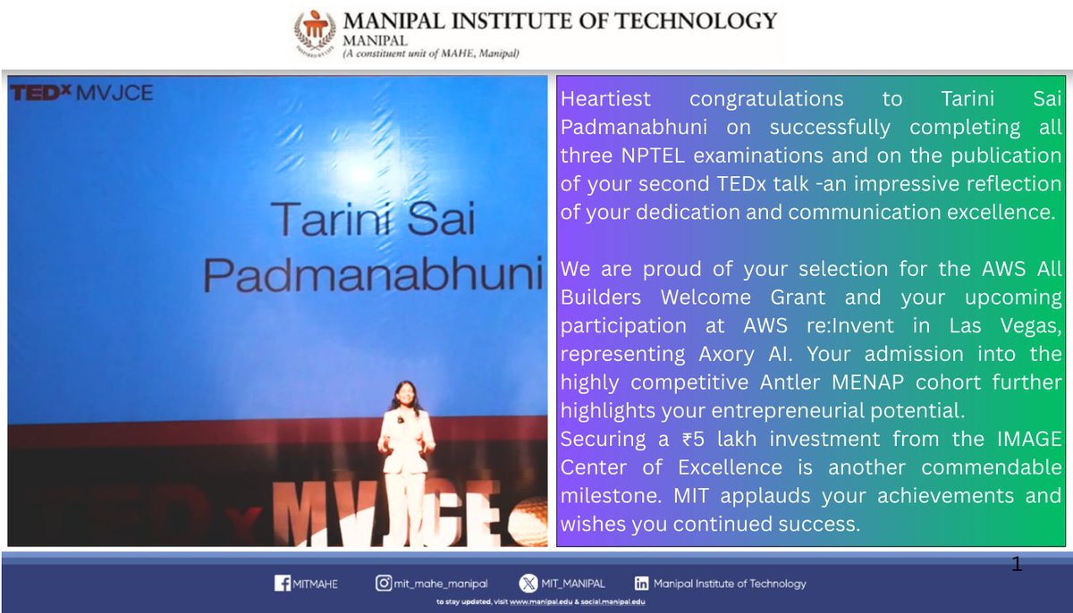 MIT_MANIPAL's tweet image. #MITManipal #ManipalInstituteOfTechnology #AcademicExcellence #StudentSuccess #NPTEL #TEDx #TEDxTalk #Innovation #Leadership #CommunicationSkills #AWS #AWSreInvent #CloudComputing #AI #Entrepreneurship #StartupJourney
