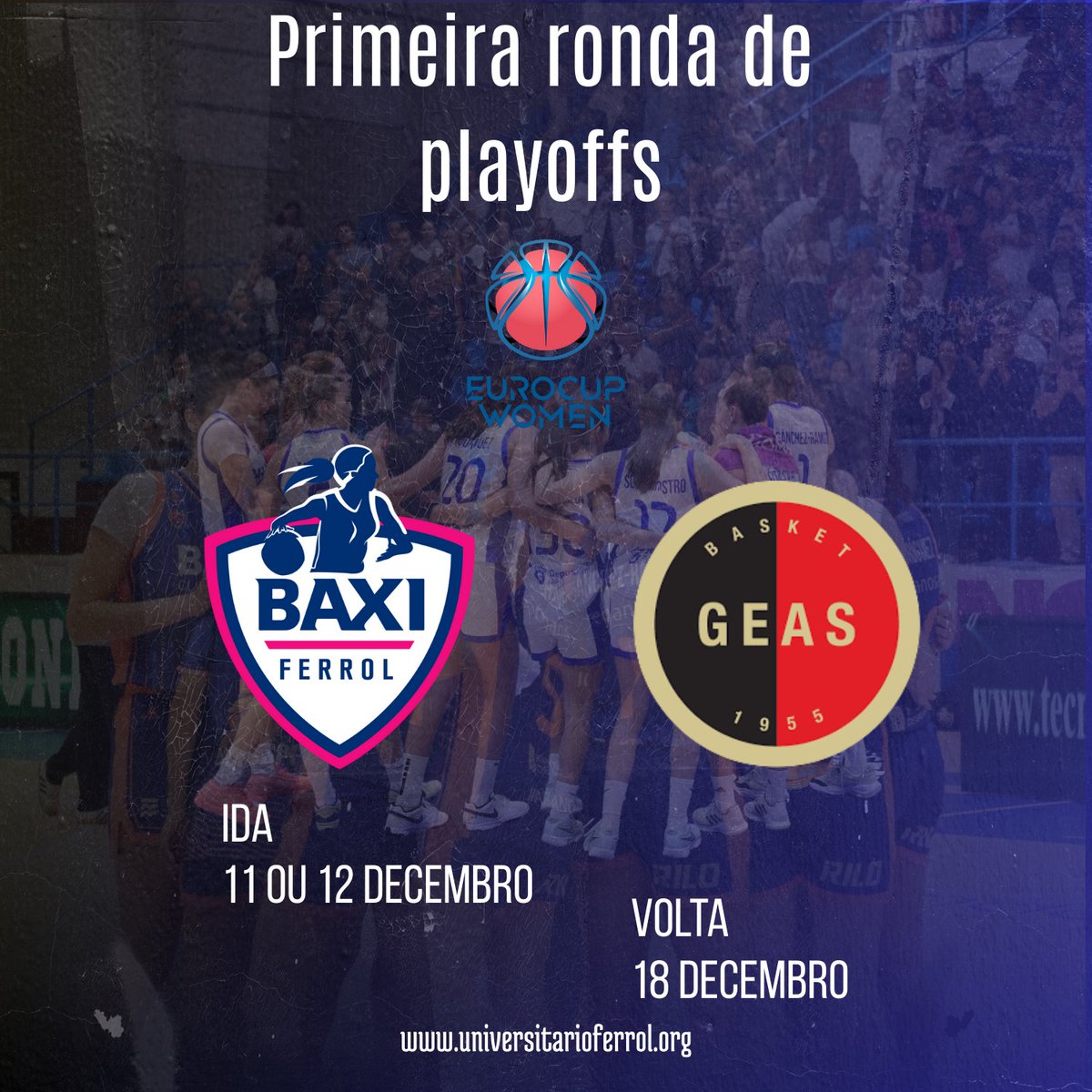 📣 O BAXI Ferrol xa coñece o seu rival na primeira rolda dos playoffs da <a href="/EuroCupWomen/">EuroCup Women</a> !

🔥 Enfrontarémonos ao GEAS Basket <a href="/geasbasket/">Geas Basket</a>  nunha eliminatoria a dobre partido.

🏟️ Ida: 11 ou 12 de decembro

🏟️ Volta: XOVES 18 de decembro ás 20:15 en A Malata