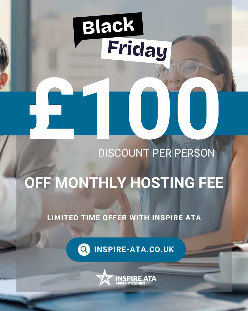InspireATA's tweet image. Take on 2 or more apprentices and save £100 per apprentice per month for your hosting fees!

Apprentices must start before 31 January 2026.

To learn more, book a call with the Inspire ATA team: eu1.hubs.ly/H0pLL0N0

#BlackFriday #StaffingSolutions