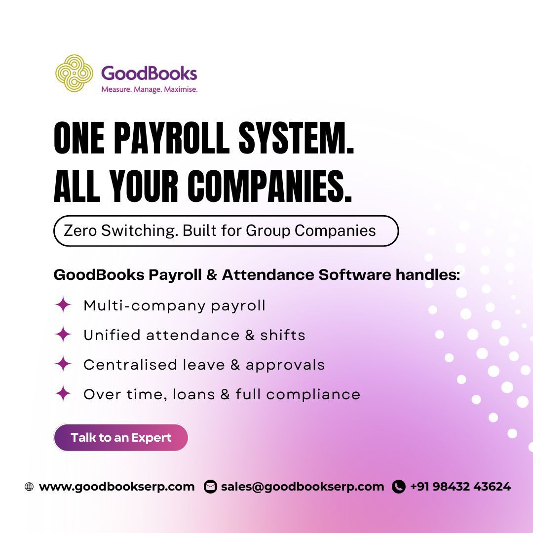 GoodBooks_ERP's tweet image. If you manage payroll for a group of companies, you already know the struggle.

GoodBooks Payroll and Attendance Software unifies payroll across all entities- no switching, no duplication, no manual work.

bit.ly/GB-Payroll 

#PayrollSoftware #Payroll #HRsoftware #HR #HRMS