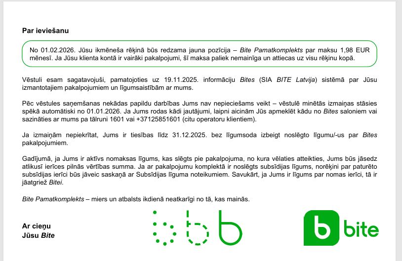 vidvuds9's tweet photo. Bite, tāpat kā ZZS,Progresīvie,Jaunā vienotība, cenšas tiesiski aplaupīt LV iedzīvotājus - no 2026.gada 1.janvāra, automātiski, pie rēķina klāt būs 2 EUR par kiberdrošību, lai Jums nezvana krāpnieki un ja gadījumā piezvanīs un apkrāps, izmaksās kompensāciju -1000 EUR apmērā.

No pakalpojuma nav iespējams atteikties, kā vien mainot tikai mobilo sakaru operatoru līdz 31.12.2025, izmaiņas stāsies spēkā automātiski.
#bite #bitelatvia
