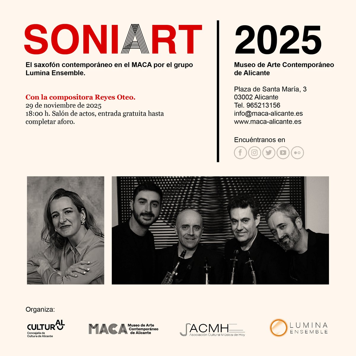 Soniart. Sábado 29 de noviembre a las 18 h. Entrada libre.

Concierto monográfico de Lumina Ensemble junto a la compositora Reyes Oteo.