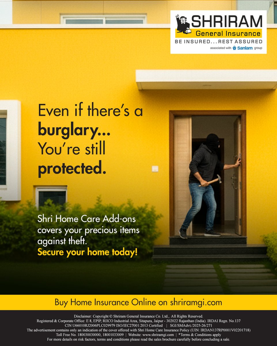 Shriram_GI's tweet image. Even when life throws the unexpected your way, your home stays protected.
With Shri Home Care Add-ons, your valuables are covered against theft — giving you peace of mind, always.
👉 shriramgi.com

#ShriramGeneralInsurance #HomeInsurance #StayProtected #SecureYourHome