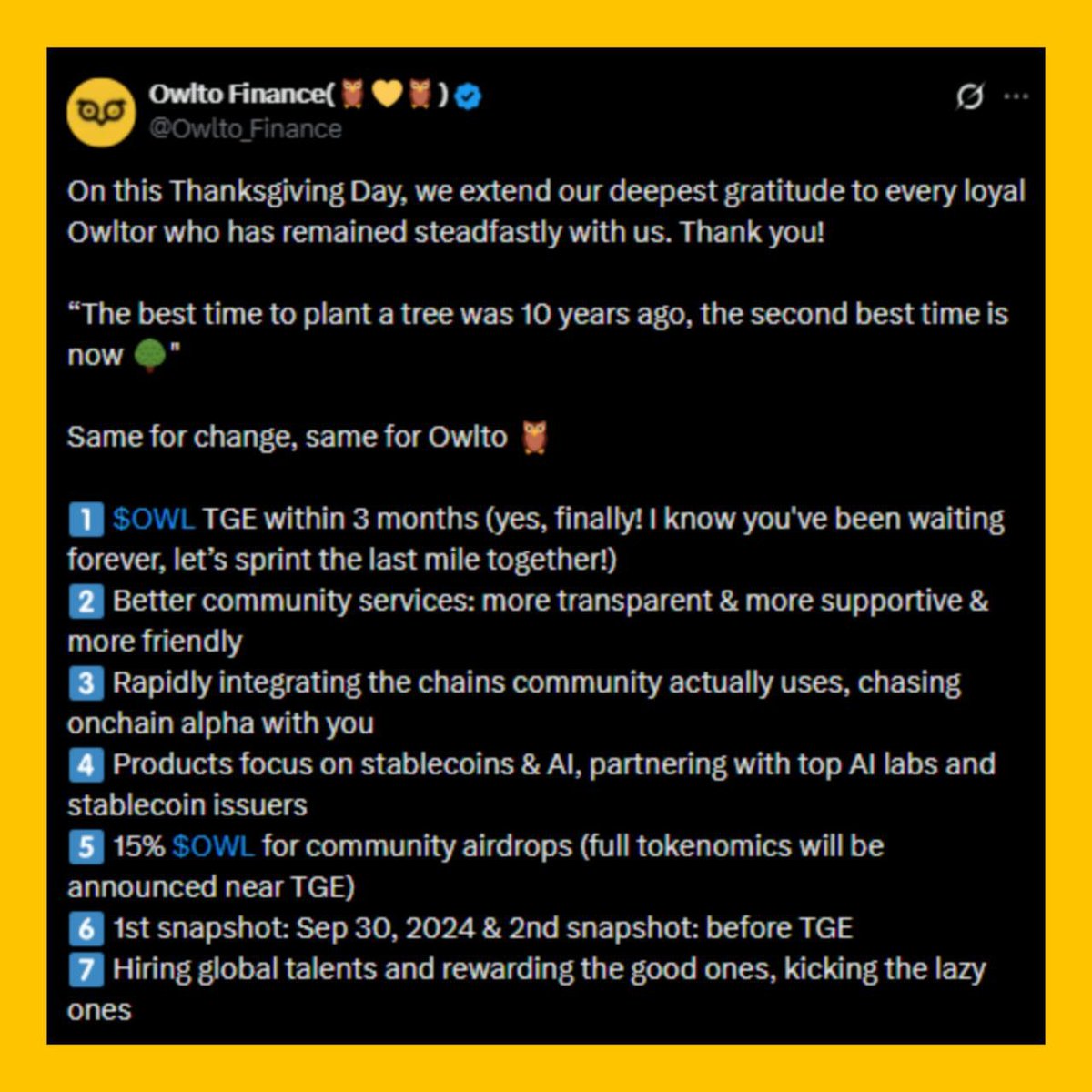 mralpha_web3's tweet image. I noticed the first snapshot was on September 30, and the next one will be before the TGE 
Hope @Owlto_Finance  can deliver a fair and rewarding airdrop for the community