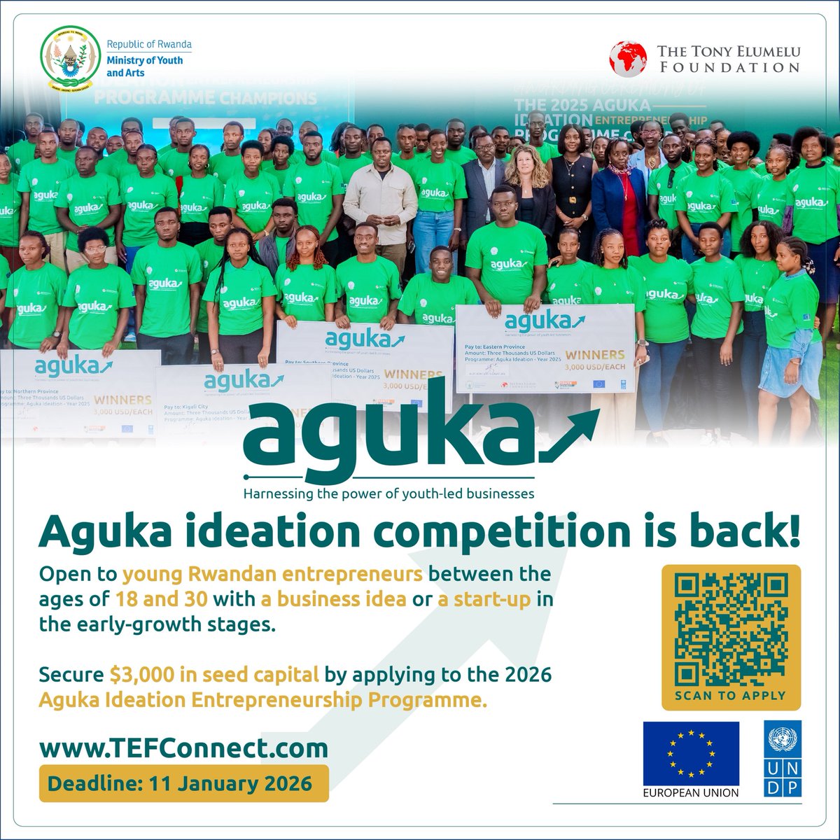 At <a href="/Amathatech/">Amatha Tech</a> I train young innovators every day and I know game-changing ideas are everywhere.

The #AGUKA Ideation Program is your launchpad.
💡 Seed funding
🧠 Mentorship
🚀 Growth

💼Apply by 11 January 2026 👉🏾 TEFConnect.com

<a href="/UNDP_Rwanda/">UNDP Rwanda</a> <a href="/DigitalTechRw/">Digital Empowerment Hub | Rwanda</a>
#AmathaTech