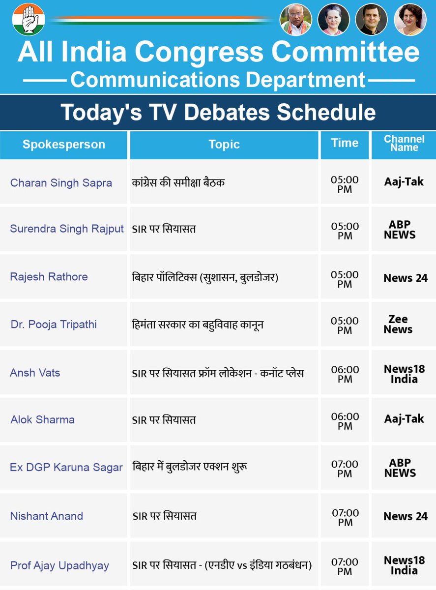 भारतीय राष्ट्रीय कांग्रेस की ओर से आज टेलीविज़न बहसों में निम्नलिखित प्रवक्ता पार्टी का प्रतिनिधित्व करेंगे।

<a href="/Charanssapra/">Charan Singh Sapra</a> with <a href="/sahiljoshii/">Sahil Joshi</a> on <a href="/aajtak/">AajTak</a> 

<a href="/ssrajputINC/">Surendra Rajput ‏</a> with <a href="/chitraaum/">Chitra Tripathi</a> on <a href="/ABPNews/">ABP News</a> 

<a href="/RajeshRathorre1/">Rajesh Rathorre</a> with <a href="/manakgupta/">Manak Gupta</a> on <a href="/news24tvchannel/">News24</a> 

<a href="/Pooja_Tripathii/">Dr Pooja Tripathi</a> with