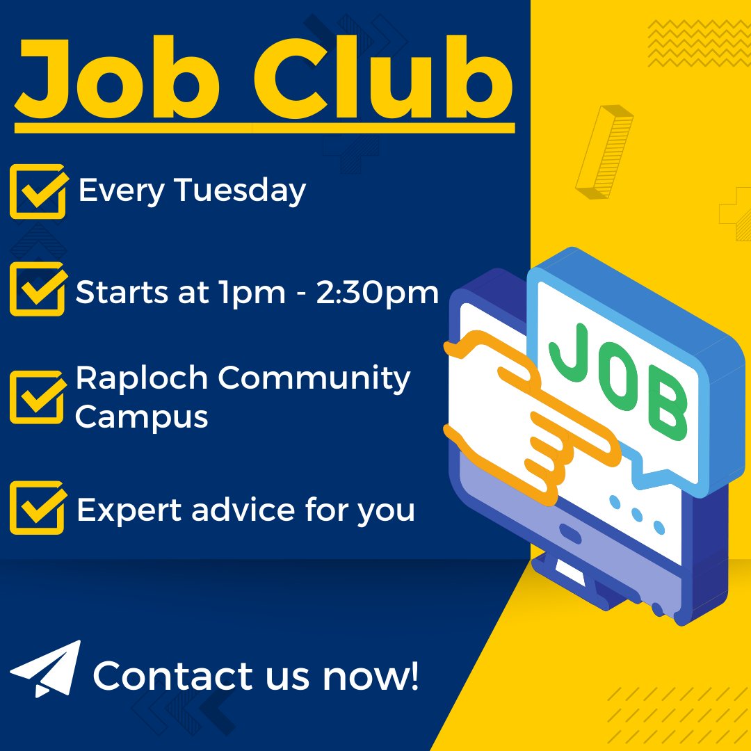 StirLearnEmploy's tweet image. 👉 Are you looking for a job and would like FREE, friendly help and support?

Then pop along to our weekly Job Club tomorrow:
📅 Tuesday
📍 Raploch Community Campus
⏰ 1pm - 2:30pm

#support #SkillsForSuccess #adultlearning #Stirling #Raploch