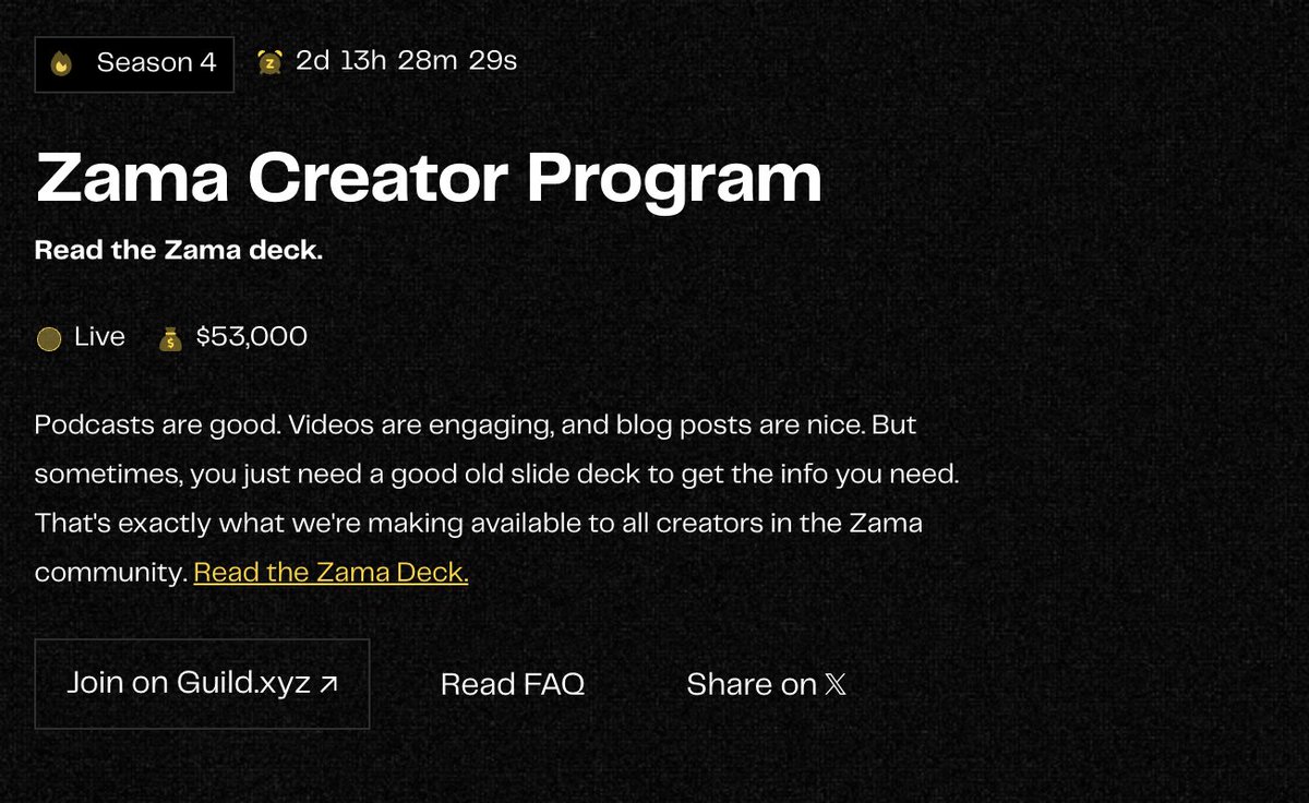 ozgurefe67's tweet image. Hey Gzama

Only 2 days left before @zama Creator Program S4 wraps up!

Expecting a massive final session ahead. 🚀🔥 @zama_fhe 

🟨◼️#ZamaCreatorProgram