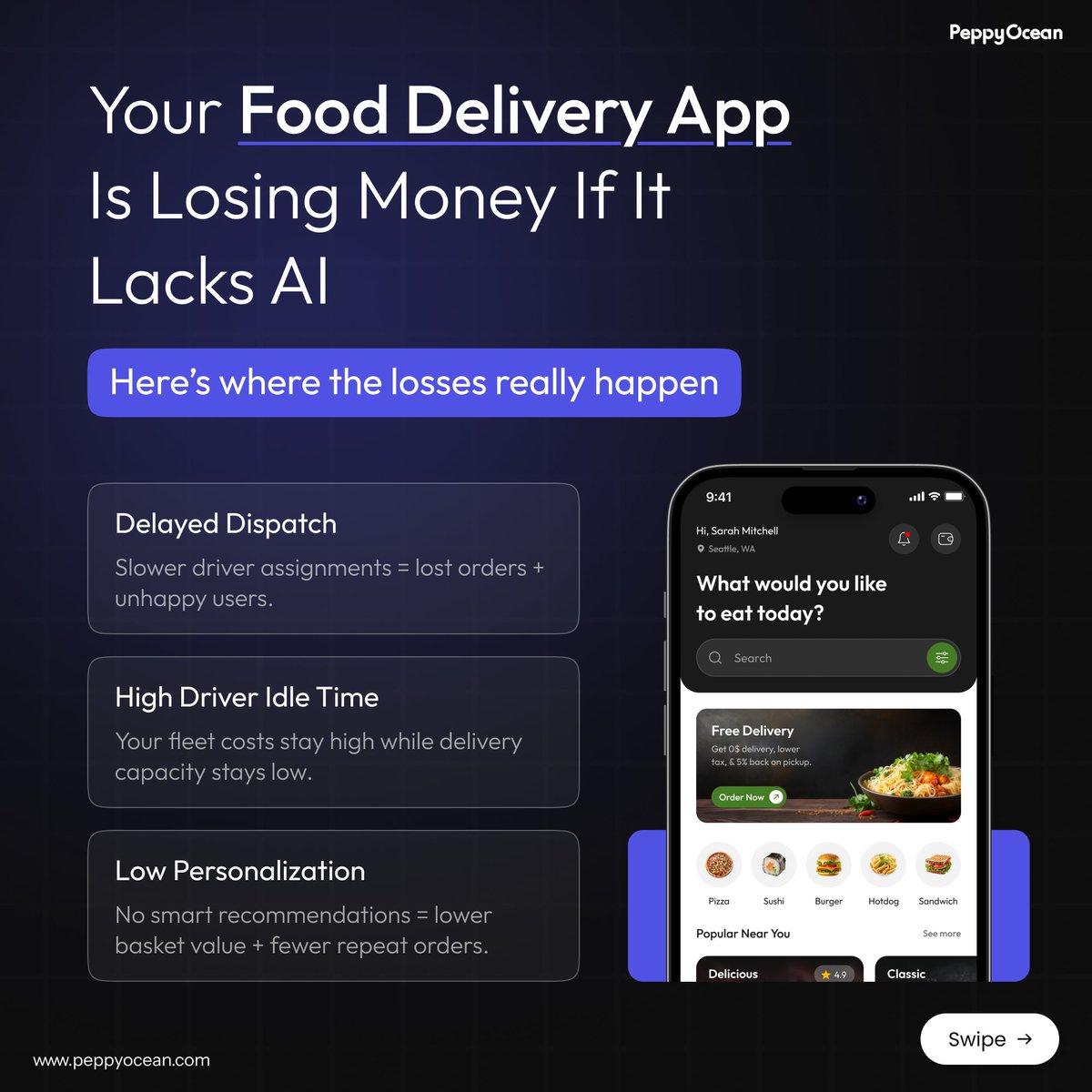 PeppyOcean's tweet image. Most #fooddeliveryapps aren’t losing to competitors—they’re losing to inefficiency.

Delayed dispatch. High idle time. Low personalization.

Without #AI optimizing dispatch, routing &amp;amp; CX, you’re already falling behind.

Build smarter apps➡️bit.ly/3WVvGcQ