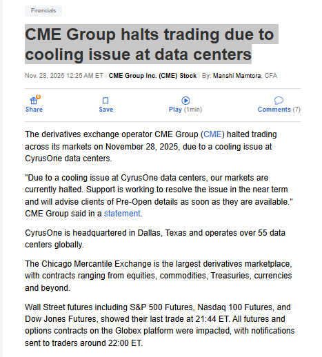 MikeZaccardi's tweet image. CME Group halts trading due to cooling issue at data centers @seekingalpha