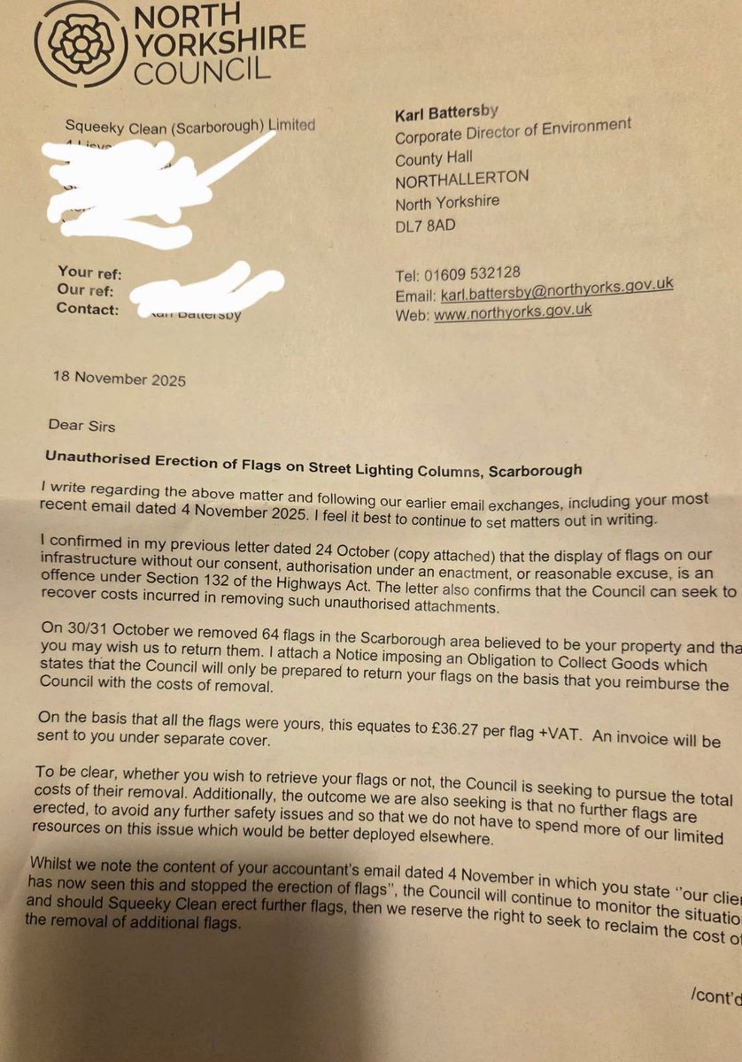 A North Yorkshire Council has issued a charge of over £2000 to a flagshagger for raising 64 flags on lamp posts in his area.