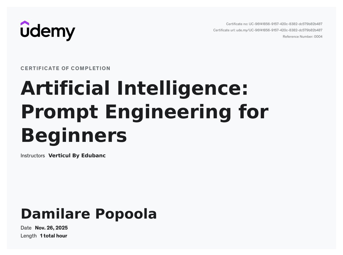dare_popoo7260's tweet image. Thrilled to announce I just earned my certificate in Artificial Intelligence: Prompt Engineering for Beginners from Udemy! 🎓
​Ready to put my new skills to work maximizing the power of LLMs. Let&apos;s build some better prompts! 🤖
​#PromptEngineering #AI #MachineLearning #NewSkills