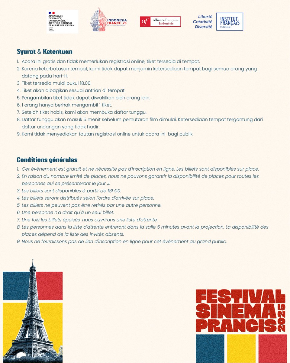 Ayo tutup rangkaian #FestivalSinemaPrancis tahun ini bareng film La Venue de l’avenir (Colours of Time), karya sutradara Cédríc Klapisch! 🇫🇷🍿

📅 2 Desember 2025
📍 IFI Thamrin
🎟️ Tiket tersedia mulai pukul 18.00 di lokasi
🎞️ Pemutaran film: 19.00
First come, first served!