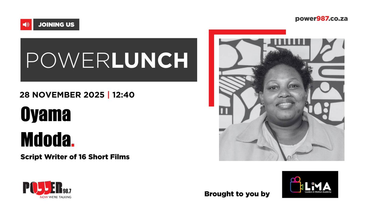 Powerfm987's tweet image. Sponsored
The short Filmmakers Project by  @Lim_Academy. LIMA is hosting a public screening on 9 December.

@MararaMoabelo is in conversation with one of the scriptwriters of 16 Short Films, Oyama Mdoda, about her film and how you can attend the public screening.
#POWERLunch
