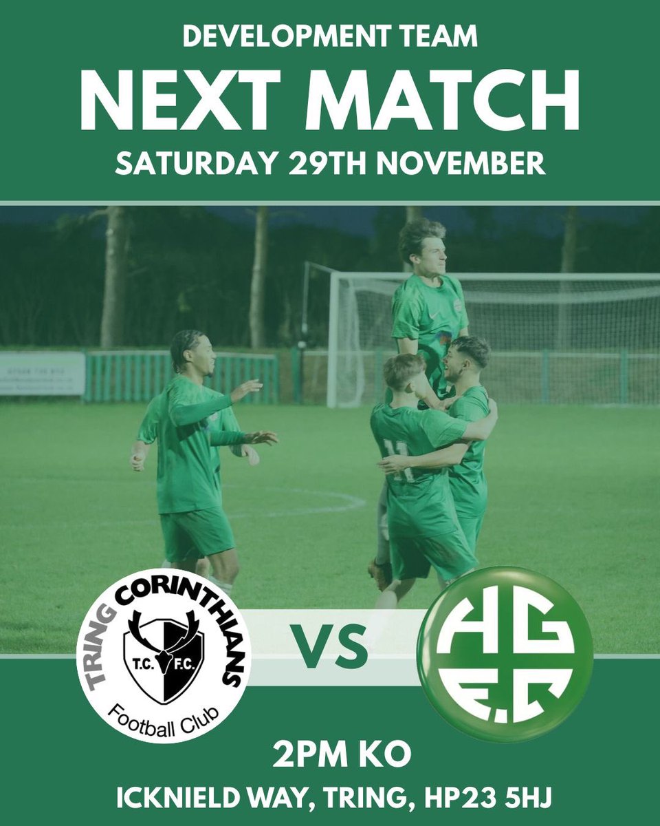NEXT GAME: TRING CORINTHIANS FC VS HOLMER GREEN DEVELOPMENT 🔥

This weekend our Development Team face Tring Corinthians, away for a 2pm KO. 

Make sure to come along and show your support 💚

#greenarmy