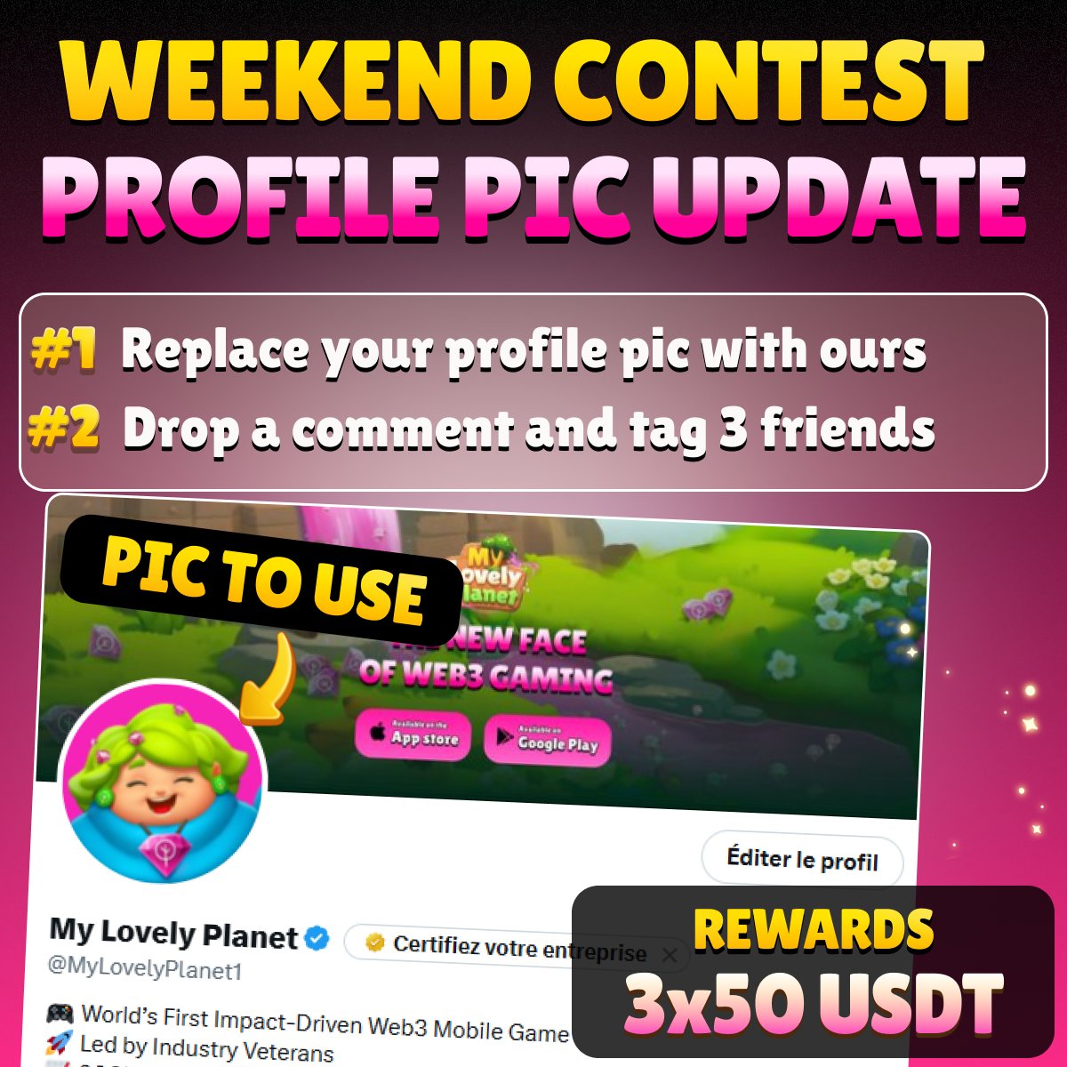 MyLovelyPlanet1's tweet image. 📢 NEW CONTEST!
🔄Update your profile for the weekend
✨3 random winners will split 150 $USDT!

HOW TO PARTICIPATE
1⃣Replace your profile pic with ours
2⃣Drop a comment and tag 3 friends

Winners will be announced on Monday!

Spread the word💚