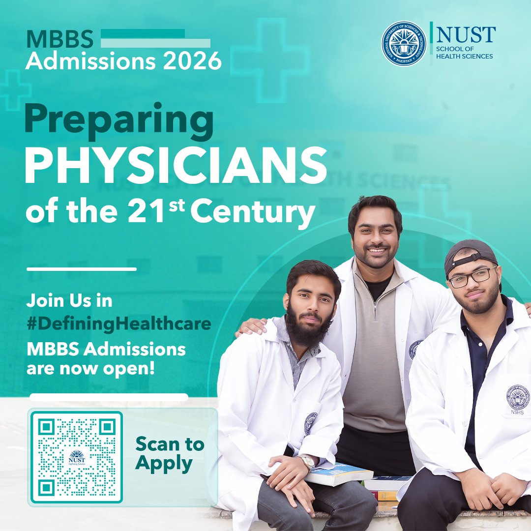 ThisIsNUST's tweet image. NUST School of Health Sciences (NSHS) invites aspiring medical students to apply for MBBS Admissions 2026. 

Apply online:
numspak.edu.pk/.../centralize…... or scan the QR code to register.

#NUST #NSHS #MBBSAdmissions2026