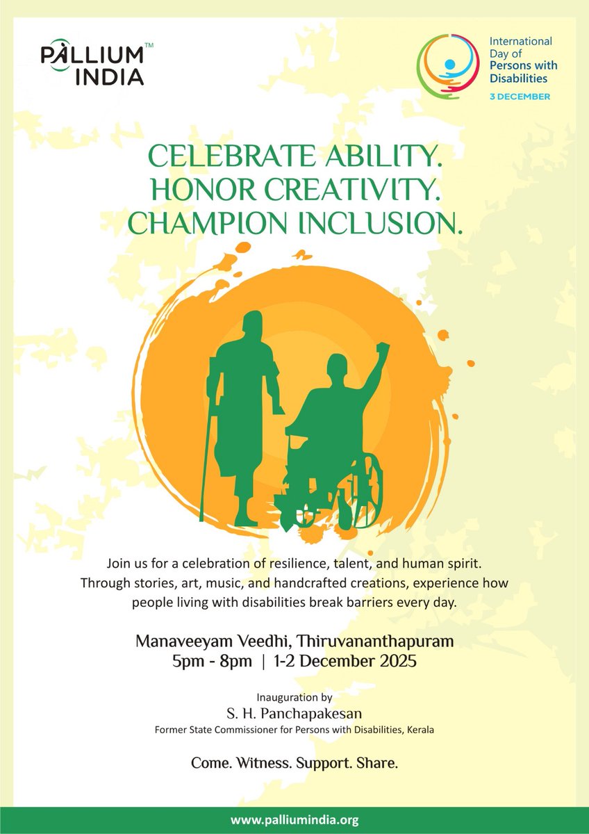 palliumindia's tweet image. Celebrate Ability. Honor Creativity. Champion Inclusion.Join us for #IDPWD2025 at Manaveeyam Veedhi, Trivandrum — a celebration of resilience, art, music &amp;amp; human spirit.

📅 Dec 1–2, 2025 | ⏰ 5–8 PM
Inauguration by: S. H. Panchapakesan

Come. Witness. Support.
#InclusionForAll