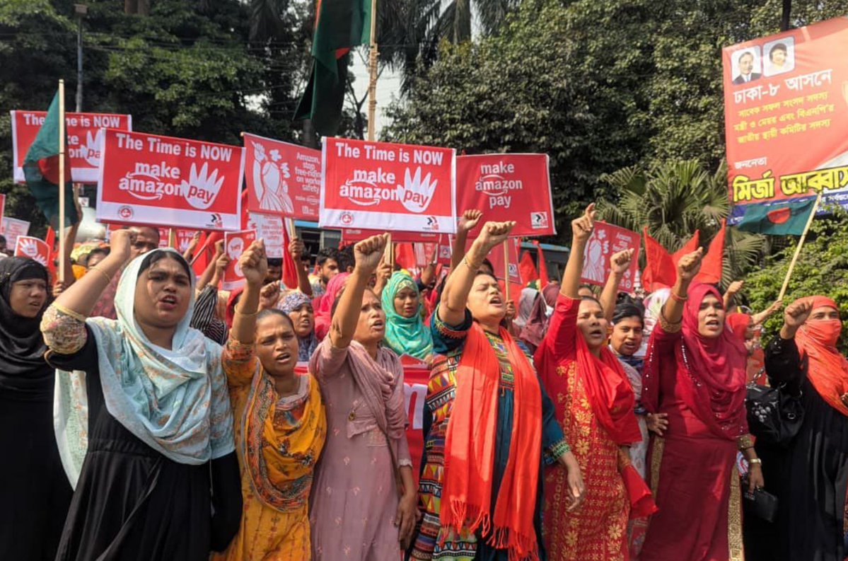 ProgIntl's tweet image. &quot;We are on the streets today because fairness and safety are not favours — they are workers’ rights.&quot;

The Sommilito Garments Sramik Federation 🇧🇩 join the fight to #MakeAmazonPay in Bangladesh.