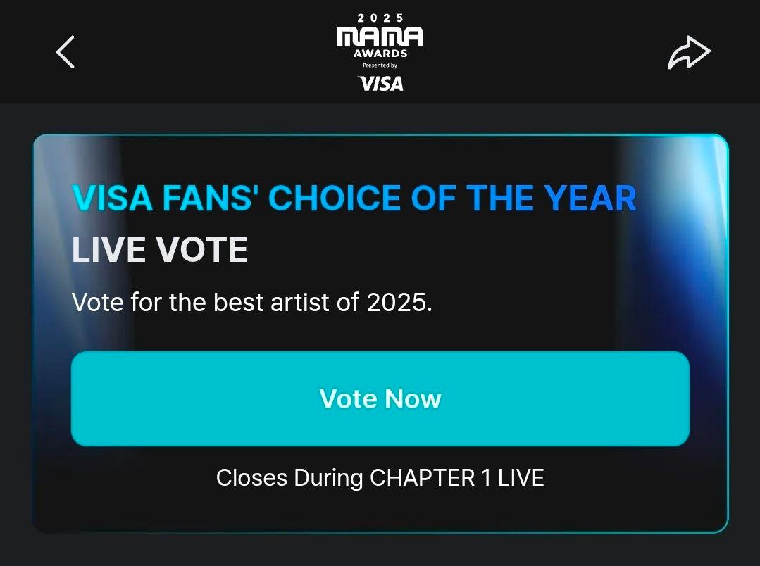 txtvotingcrew's tweet image. MAMA 2025 VISA Fan's Choice of the Year LIVE VOTING is now open 📢

Voting will only last until for a few hours ‼️

Once you're done voting, share and remind all your friends in ALL platforms to vote!

Please vote as early as you can since there might be a queue in the last hours…
