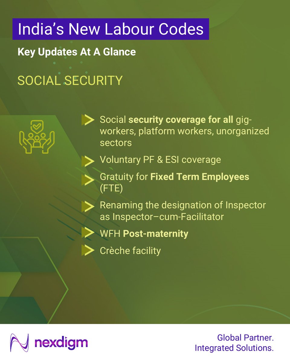 Nexdigm_'s tweet image. India’s ‘𝗡𝗲𝘄 𝗟𝗮𝗯𝗼𝘂𝗿 𝗖𝗼𝗱𝗲𝘀’ simplifies and modernizes the labour framework, impacting hiring, compliance, and workplace policies.

#LabourCodes #PayrollUpdate #HRCompliance #WorkforcePolicies #IndiaReforms #FutureOfWork #Nexdigm