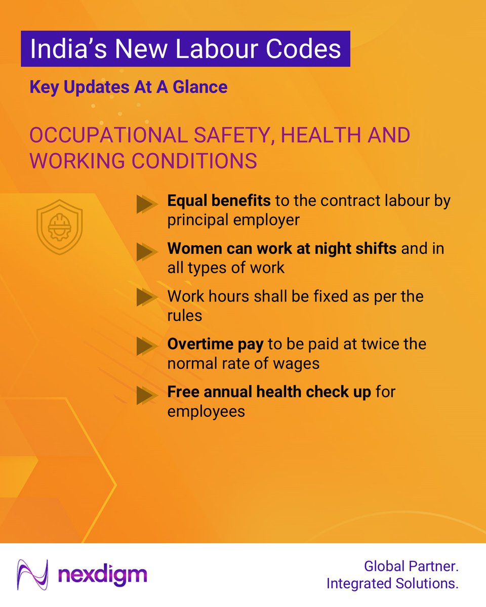 Nexdigm_'s tweet image. India’s ‘𝗡𝗲𝘄 𝗟𝗮𝗯𝗼𝘂𝗿 𝗖𝗼𝗱𝗲𝘀’ simplifies and modernizes the labour framework, impacting hiring, compliance, and workplace policies.

#LabourCodes #PayrollUpdate #HRCompliance #WorkforcePolicies #IndiaReforms #FutureOfWork #Nexdigm