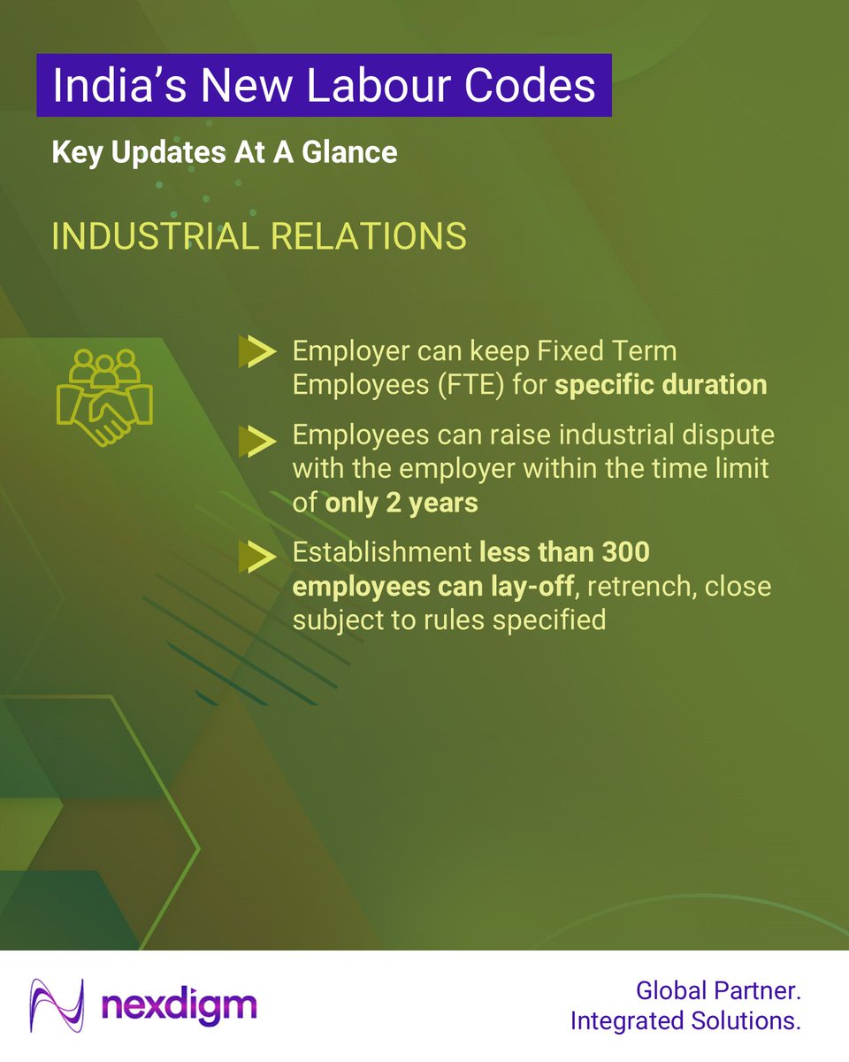 Nexdigm_'s tweet image. India’s ‘𝗡𝗲𝘄 𝗟𝗮𝗯𝗼𝘂𝗿 𝗖𝗼𝗱𝗲𝘀’ simplifies and modernizes the labour framework, impacting hiring, compliance, and workplace policies.

#LabourCodes #PayrollUpdate #HRCompliance #WorkforcePolicies #IndiaReforms #FutureOfWork #Nexdigm