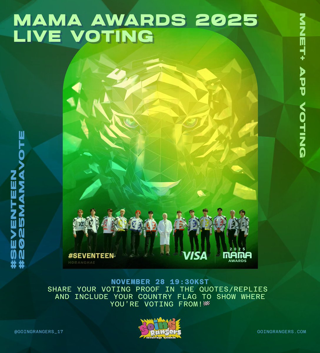 goingrangers_17's tweet image. [🗳️ #2025MAMA] #rangersongoing

🗳️ VISA FANS OF THE YEAR (DAESANG)

📱 Mnet+ App
🗳️ 1 vote per device 
🔗 mnetplus.onelink.me/TRa8/uop6ncya?…

🚨 LIVE VOTING STARTS NOW 🚨 

We&apos;re encouraging every CARATs to please participate. Use all your available devices at home and vote. Let&apos;s claim…
