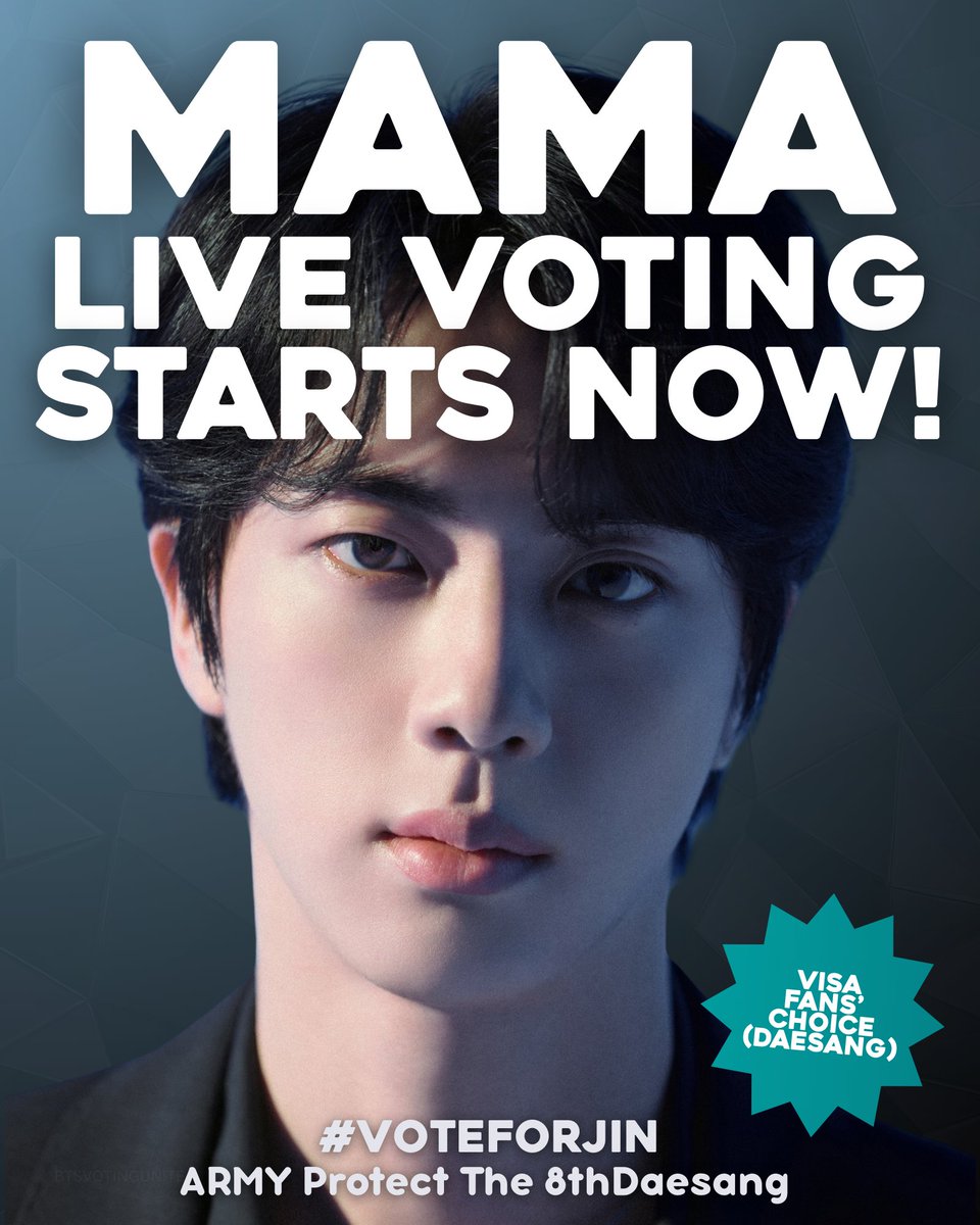 01Btsxarmy1's tweet image. [🗳] 2025 MAMA

Visa Fans&apos; Choice of the Year Live Vote starts! Cast your vote to JIN now‼️

❌️ DO NOT SPLIT VOTE‼️
✅️ FOCUS JIN
✅️ 1 vote/device
❌️ Abnormal methods won&apos;t be recognized as valid

🔗: mnetplus.onelink.me/TRa8/uop6ncya?…