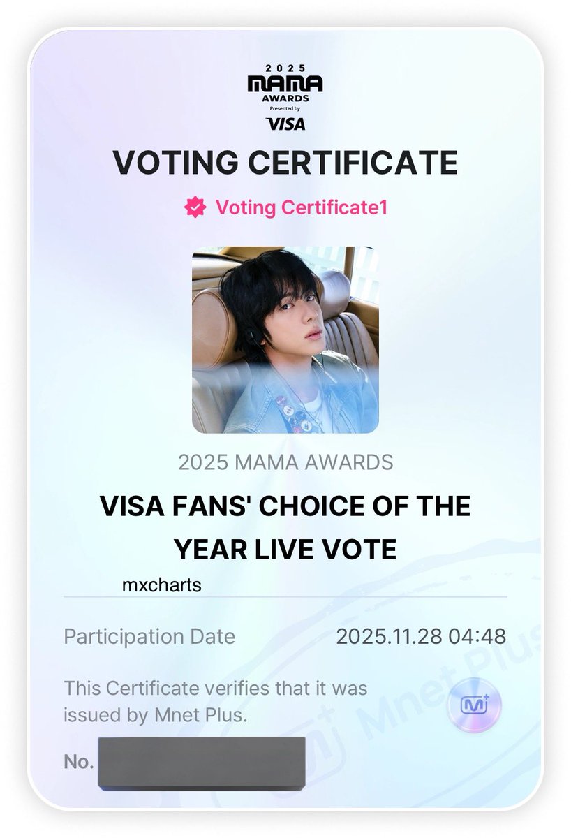 mxcharts's tweet image. 🗳️ #MAMA2025 𝐕𝐎𝐓𝐀𝐂𝐈𝐎𝐍 𝐄𝐍 𝐕𝐈𝐕𝐎 

¡Todos a votar por #Jin en la categoría ‘VISA FANS CHOICE OF THE YEAR (Daesang)! Mantengamos ese premio en casa

Al comentar tu captura de voto participas en el sorteo nacional* 

ARMY Protect The 8thDaesang