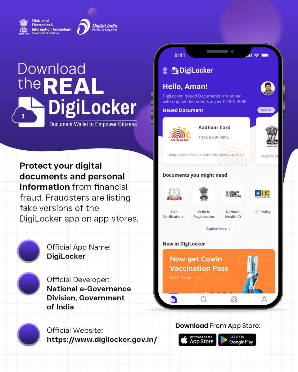 NeGD_GoI's tweet image. Protect your important documents using only the authentic DigiLocker application. Fraudulent apps with similar names are being circulated on app stores to mislead users.

#OfficialDigiLocker #VerifyBeforeYouInstall #MeitY #DigitalSafety #GovernmentApp