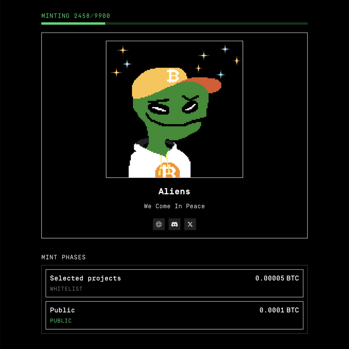 Good morning

The Aliens mint is steadily approaching 25% in just over a week. A perfect pace.

And a good time to add more projects to the Selected projects whitelist:

Asic Genesis OG Pre Mint <a href="/ASICGenesis/">ASIC Genesis</a>
OrdiMutants <a href="/OrdiMutants/">🧪OrdiMutants</a>
Eegun <a href="/EegunOrdinal/">Eegun by OgBe</a> @_0gbe
Dog of Bitcoin