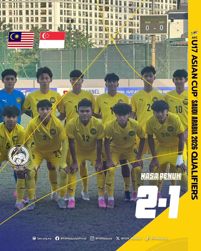Keputusan Masa Penuh

Kelayakan Piala Asia B-17 2026 • Jumaat, 28 November 2025

MALAYSIA 🇲🇾 2-1 🇸🇬 SINGAPURA  

⚽️ Iman Danish 5' Arayyan Hakeem 44'
⚽️ Aaryan Helmi 75'

#FAM #HarimauMalaya #AFCU17