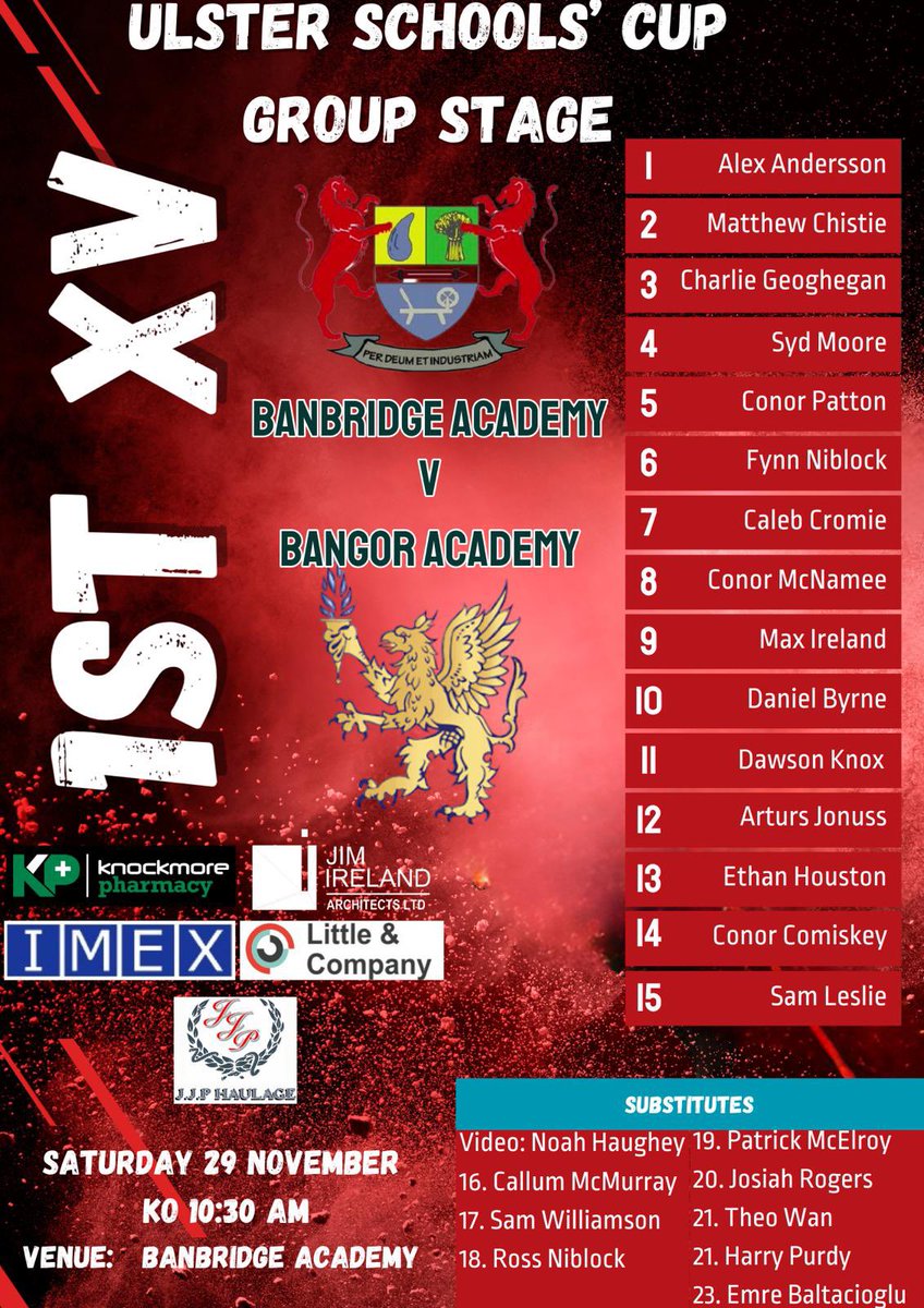 Our 1st XV squad to take on Bangor Academy in the <a href="/DBSchoolsCup/">Schools' Cup Rugby</a> tomorrow morning. Good luck, boys! 🏉💪