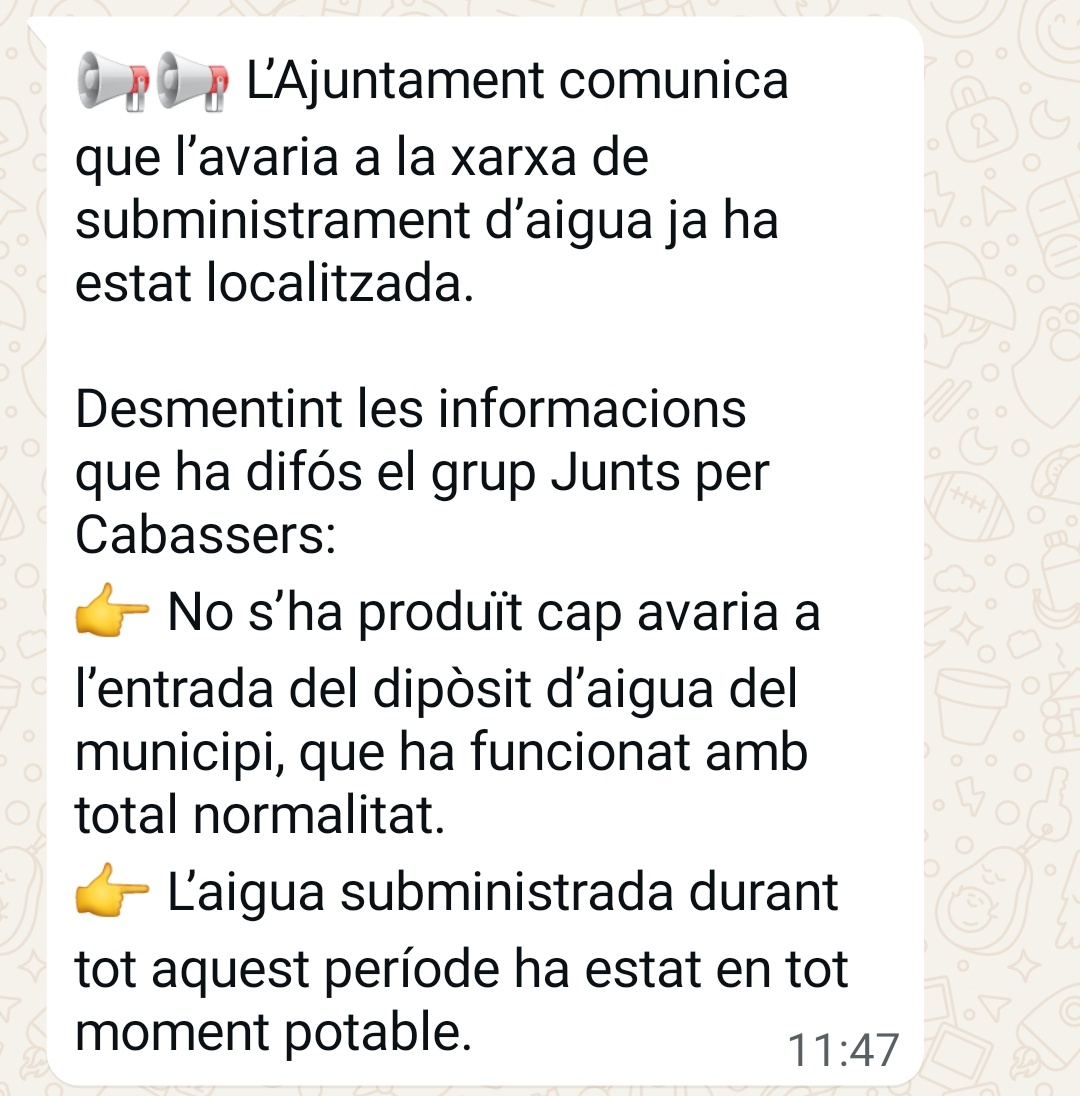 Quines troles. Ells mateixos van fer un pregó la nit del 26 de novembre avisant que l'aigua no era potable i el pot veure tothom al seu canal de Whatsapp.