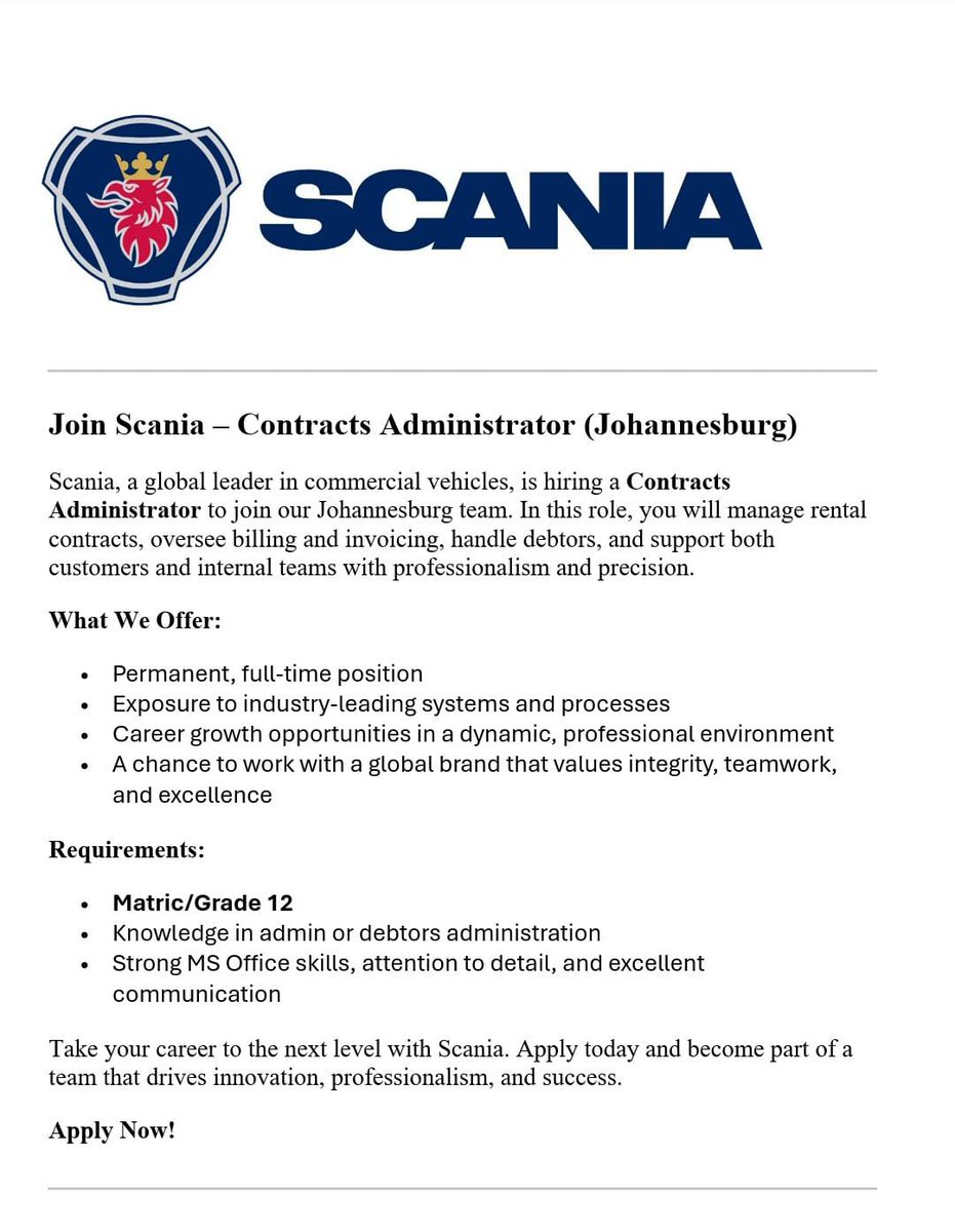 📌Scania SA is urgently hiring!

✅ Contracts Administrator 

Stipend: R10,000- R17,000 p/m

Minimum Requirements:
- Grade 12/ Matric
- Computer literate 
- Knowledge in admin or debtors 

Closing Date: Not specified 

Apply ASAP: visionsoul.co.za/scania-contrac…