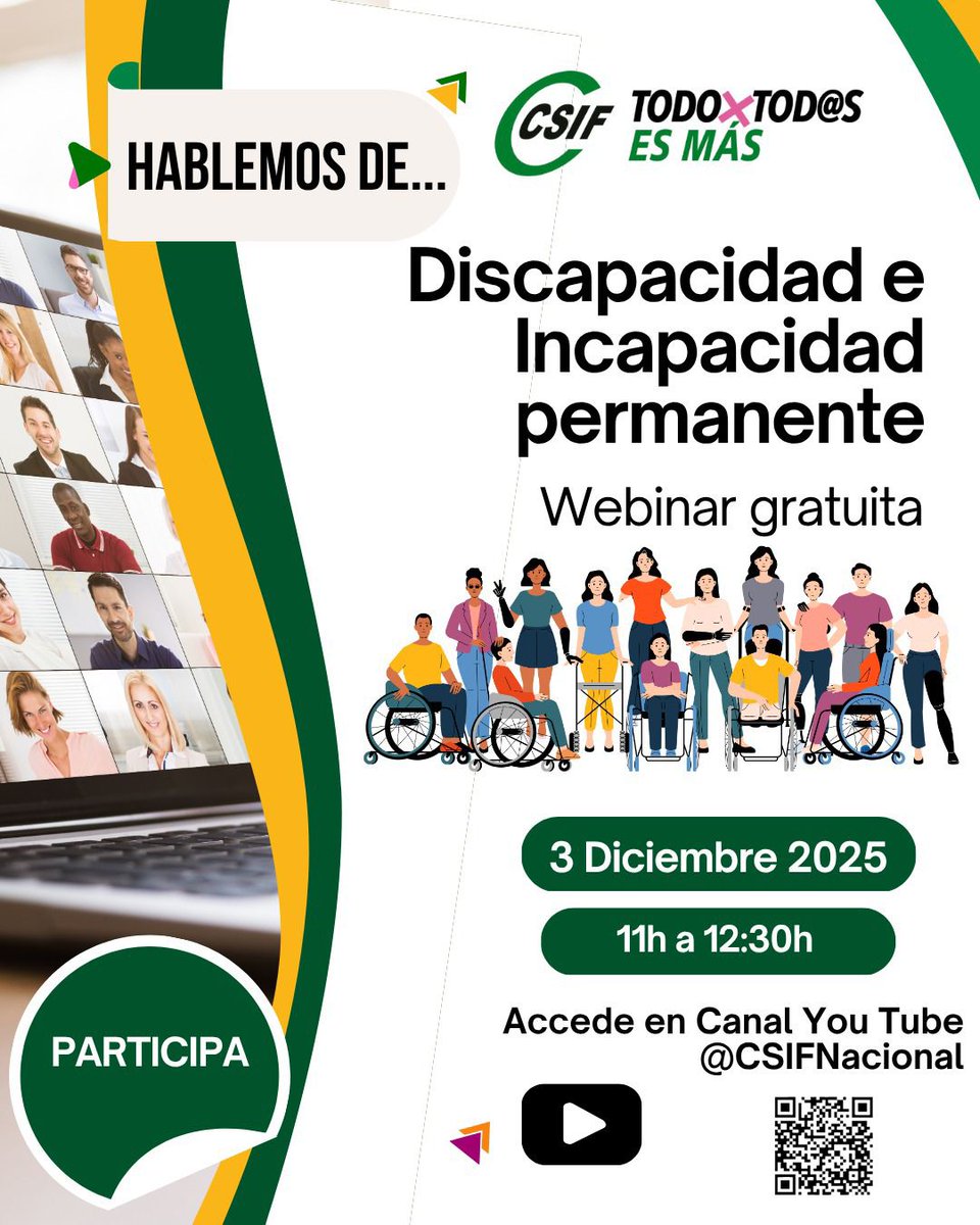 CSIFnacional's tweet image. 📢 WEBINAR | Discapacidad e Incapacidad Permanente.

🗓 3 de diciembre de 2025.
🕚 Horario: 11 a 12:30h.

Desde #CSIF organizamos un webinar gratuito para conocer tus derechos en materia de Discapacidad e Incapacidad Permanente, cómo se gestionan estos procesos y qué garantías…