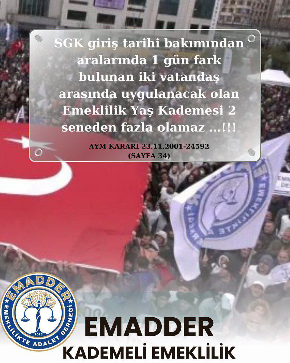 Bir ülkenin emeklilik sistemi “tarihle kader yazıyorsa”
orada adalet yoktur!
📣 08.09.99’da kazanılan hak,
09.09.99’da gasp edilemez.
Kademe derhal gelmeli!
<a href="/EmadDernegi/">EMEKLİLİKTE ADALET DERNEĞİ ⚖️</a>
#KademeKülfetDeğilHak