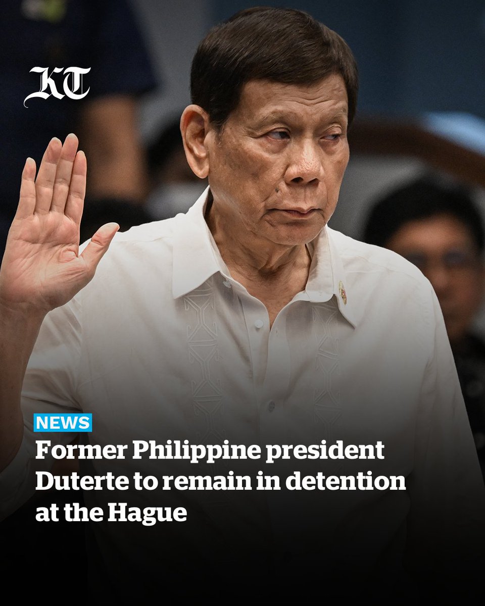 khaleejtimes's tweet image. Former #Philippine President #RodrigoDuterte will remain in #detention at #thehague, after the International Criminal Court denied on Friday the appeal by Duterte’s lawyers to grant him provisional release – a move strongly opposed by human rights groups and families of victims