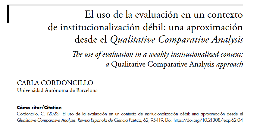 El uso de la evaluación en un contexto de institucionalización débil: una aproximación desde el Qualitative Comparative Analysis, hoy recordamos este artículo de Carla Cordoncillo, publicado en el número 62 de la RECP.

➡️ shorturl.at/G4aiR