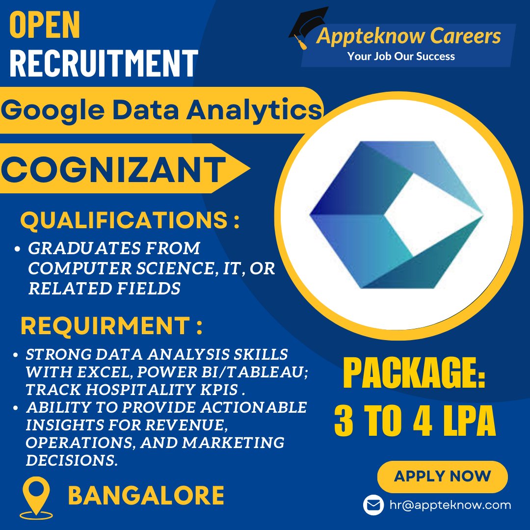 CoursesAptech's tweet image. Unlock your career in data with Cognizant! 📊🚀
Work on Google Data Analytics in Bangalore—turn Excel, Power BI/Tableau, and KPIs into powerful business insights.

📩 Apply today: hr@appteknow.com 

#Cognizant #GoogleDataAnalytics #DataJobs #Bangalore