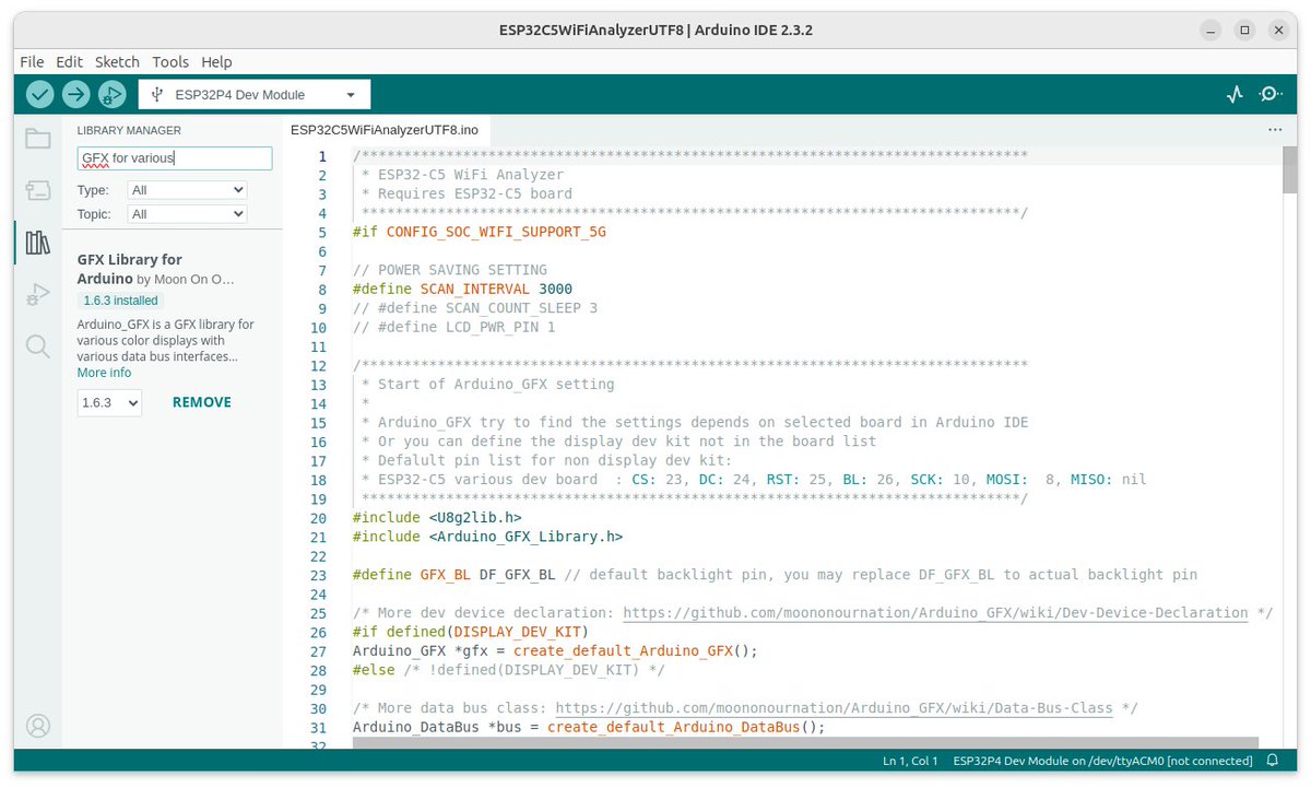 cnxsoft's tweet image. DIY ESP32-C5 dual-band Wi-Fi analyzer.
cnx-software.com/2025/11/28/esp…

Wire an ESP32-C5 board to an ILI9341 display, load an Arduino sketch, and you&apos;ve got yourself a dual-band Wi-Fi analyzer showing the signal strength for both 2.4 GHz and 5 GHz access points.
