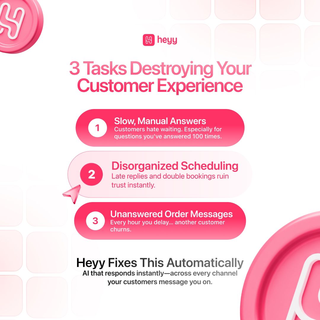 Heyy_hq's tweet image. 3 tasks could be keeping your customers unhappy and you stressed, with less revenue and no time for what matters. 

Sign up for Heyy in under a minute, get automation running in less than an hour and never miss a customer again. Start now, by visiting Heyy.io