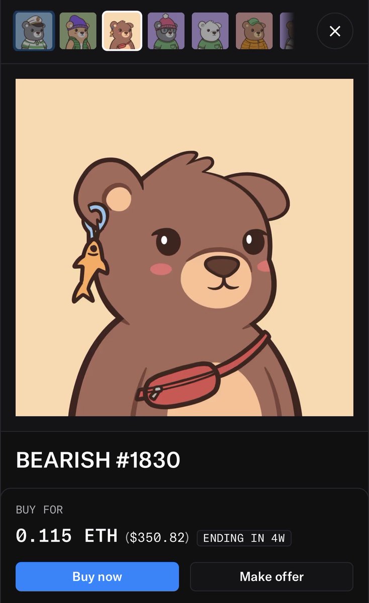 🐻 DEN'S DEAL OF THE DAY 🐻

#1830 • 11/28/25 • <a href="/bearish_af/">BEARISH</a>

Rank 3,296 → Floor now 0.115 ETH 🔴 (-10.2% today)

Fanny Pack + Fish Earring = Epic 🐻 

Buy this beautiful lady bear for that special someone in your life!

opensea.io/item/abstract/… (direct link)

#DensDealOfTheDay
